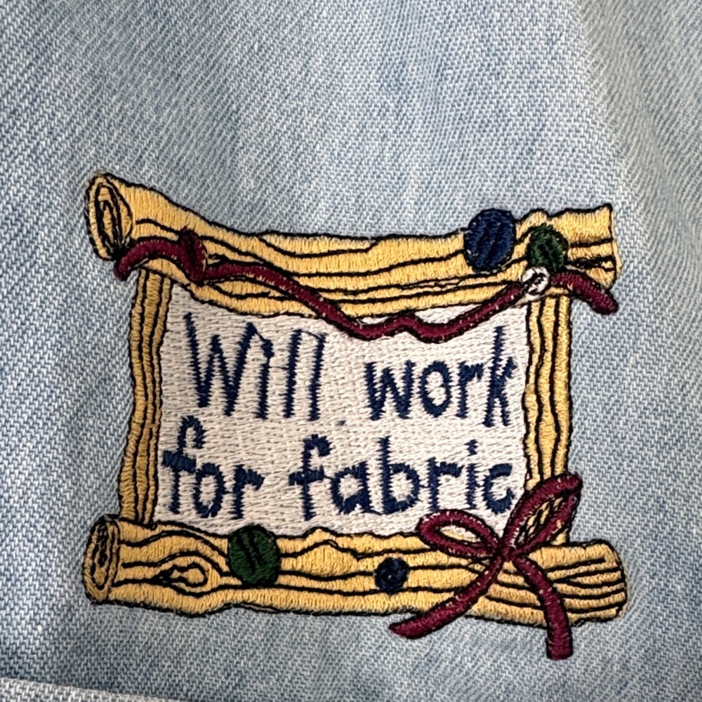 Vintage 90s Chambray Button-Up Shirt “Will Work for Fabric” Embroidery Medium